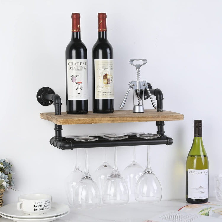 Industrial Black Metal Wine Glass Holder, Wall Rack Bar Stemware Hanger with Burnt Wood Floating Shelf, Holds 6 Glasses-MyGift