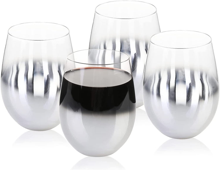 Set of 4, Stemless Wine Glasses with Silver Metallic Smokey Gradient Ombre Design-MyGift