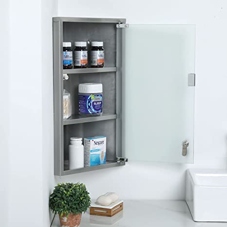Stainless Steel Silver Corner Mount Medicine Cabinet with 3 Storage Shelf, Locking Frosted Glass Door and Keys-MyGift