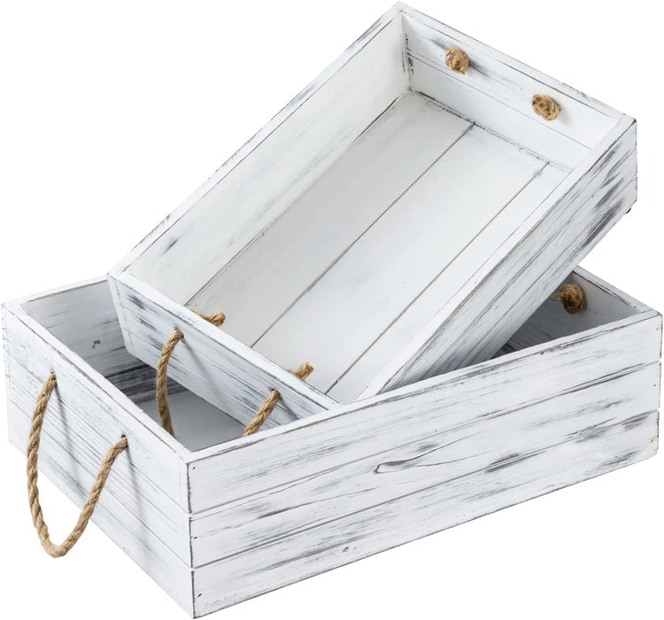 White Wood Nesting Storage Bins with Rope Handles, Farmhouse Weathered Wooden Crates, Open Top Box Pallets-MyGift