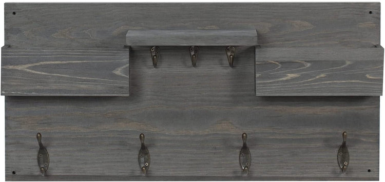 Gray Wood Wall Mounted Entryway Organizer Rack with Antique Coat Hangers, Key Hooks, Display Shelf and Mail Sorter Bins-MyGift