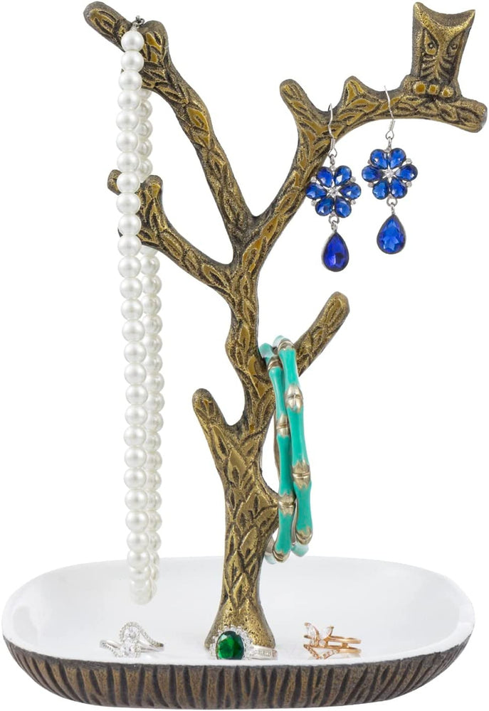 Tree Jewelry Stand, Brass Tone Cast Aluminum Tree Branch and Owl Design Necklace Bracelet Earring Rack with Ring Dish-MyGift