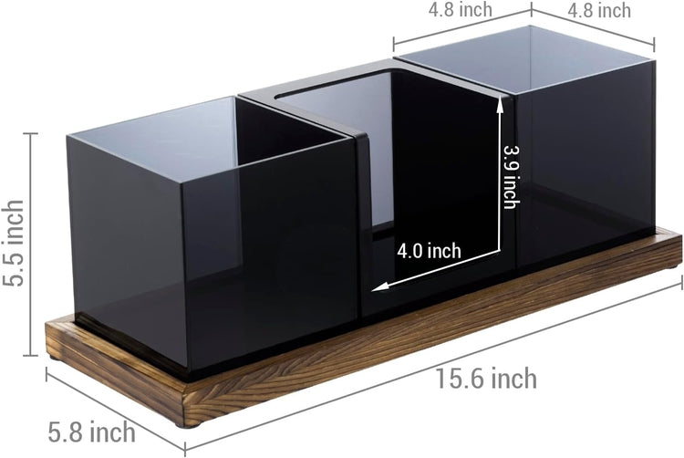 Modular Coffee and Tea Station Organizer with 3 Removable Black Acrylic Compartments and Burnt Wood Decorative Tray-MyGift