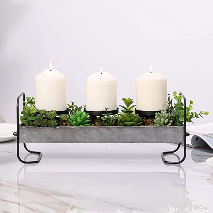 Tabletop Candle Holders, Metal and Matte Black Wire Candle Holder with DIY Artificial Succulents-MyGift
