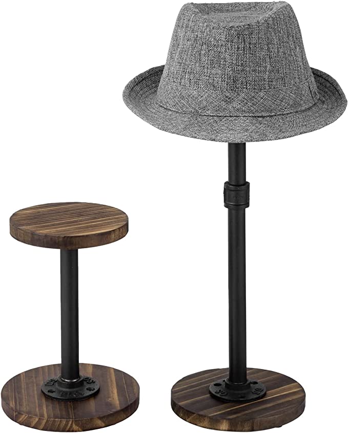 Wood Hat Holder Stand with Industrial Metal Pipe, Tabletop Hat Rack, Set of 2-MyGift