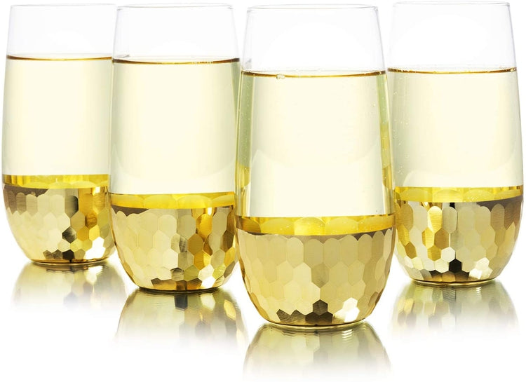 Set of 4 Modern Stemless Wine Flute Glasses w/ Hammered Brass Plated Design-MyGift