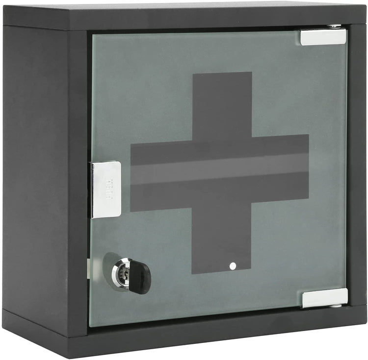 Wall Mounted Medicine Cabinet Organizer, Black Metal First Aid Supplies Storage Box with Locking Frosted Glass Door-MyGift