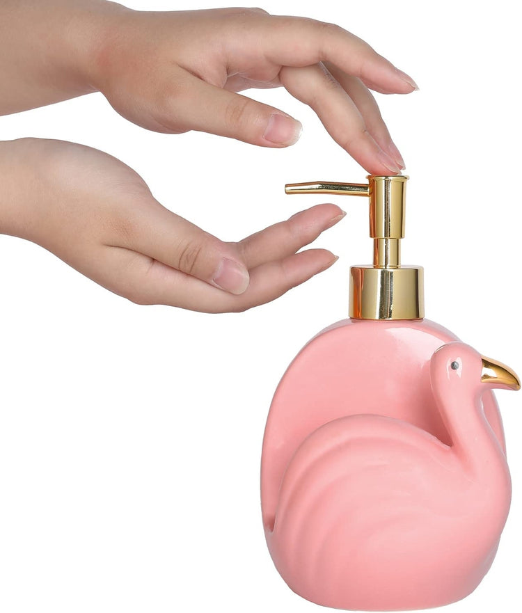 Pink Flamingo Ceramic Gold-tone Pump Dish Soap Dispenser and Kitchen Sponge Holder-MyGift