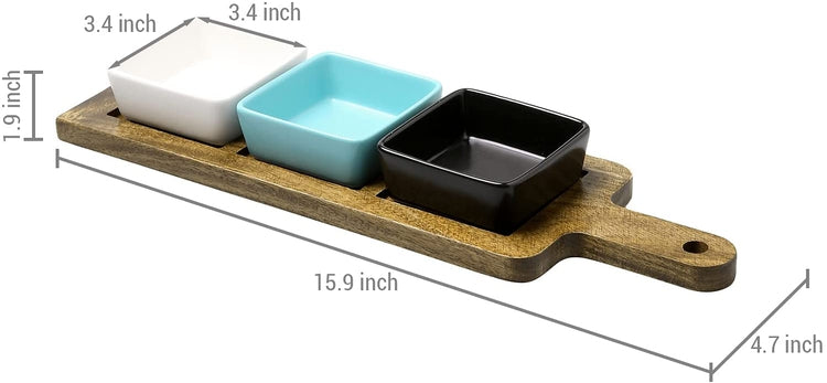 4 Piece Premium Acacia Wood Food Serving Platter, Paddle-Style Tray Condiment Set with 3 Ceramic Snack Dip Sauce Bowls-MyGift