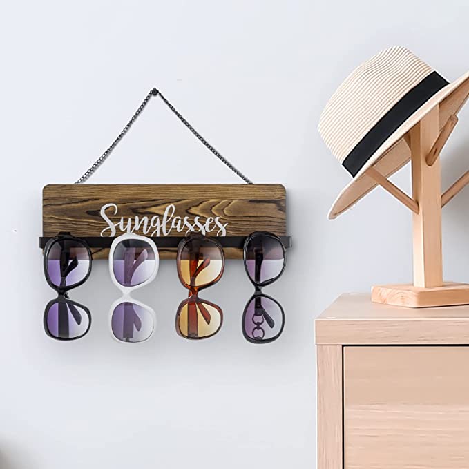 Rustic Burnt Wood Wall Mounted Sunglasses Storage Holder with Cursive Sunglasses Lettering, Set of 2-MyGift