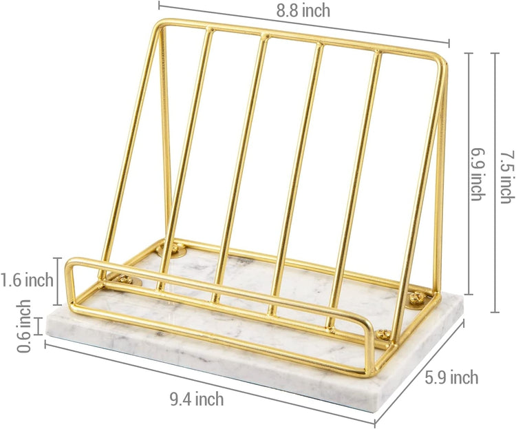 Brass Metal Wire and White Marble Kitchen Cookbook Stand, Countertop Recipe Book and Tablet Holder-MyGift