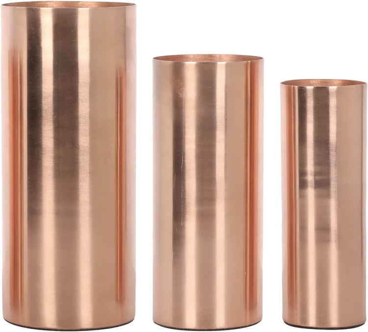 Tall Copper Tone Metal Cylinder Wedding Centerpiece Flower Vases, 3 Piece Set, Larger Assorted Sizes-MyGift