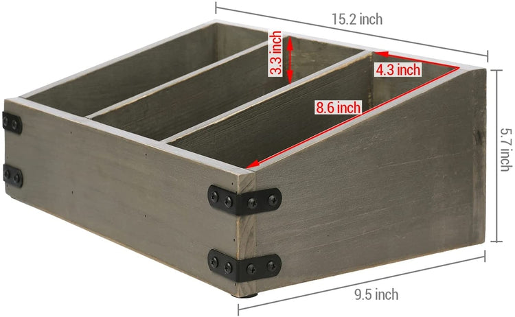 3-Compartment Gray Wood VHS Storage Box, Video Tape Retro Display Holder with Decorative Metal Corner Wraps-MyGift