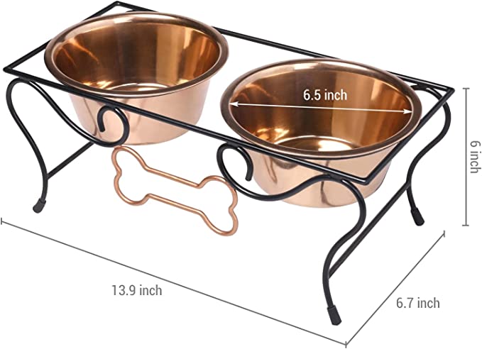 Dog Food Bowl Stand for Small Dogs Pet Feeder, Raised Dog Bowls with Bone Decoration and 2 Copper-MyGift