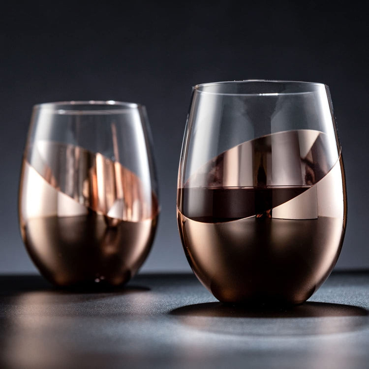 Set of 4, Stemless Wine Glasses, Round Drinking Glasses, Cocktail Drinkware with Metallic Rose Gold Angled Design-MyGift
