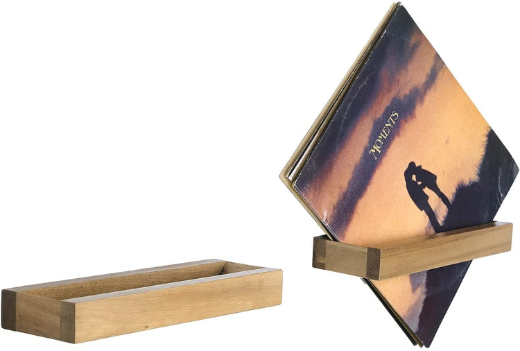 Set of 2, Acacia Wood Wall Mounted Angled Design Vinyl LP Record Storage Holder Display Shelf Racks-MyGift