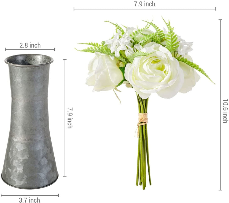 White Faux Roses Artificial Flower Bouquet Arrangement in Rustic Galvanized Metal Vase-MyGift