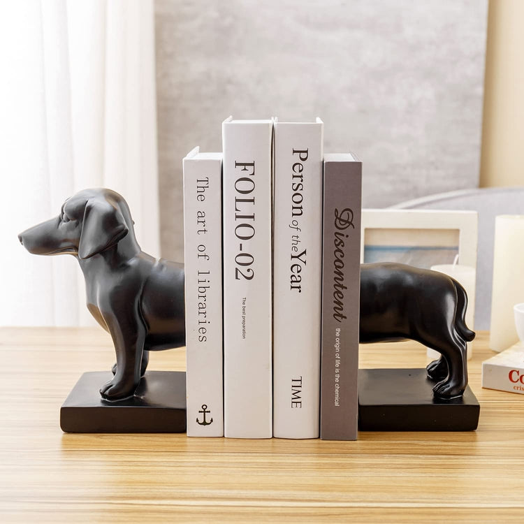 Black Resin Bookends Decorative Dachshund Design, Cute Dog Head and Tail Book Holders, 1 Pair-MyGift