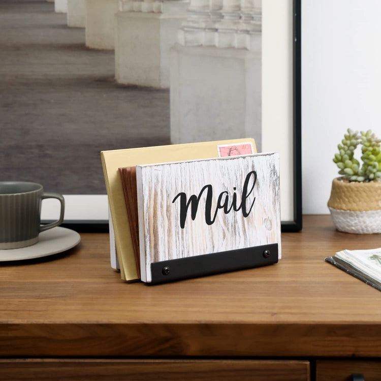 Mail Holder Letter Sorter, Desk Organizer in Whitewashed Wood and Matte Black Metal with MAIL Cursive Print-MyGift