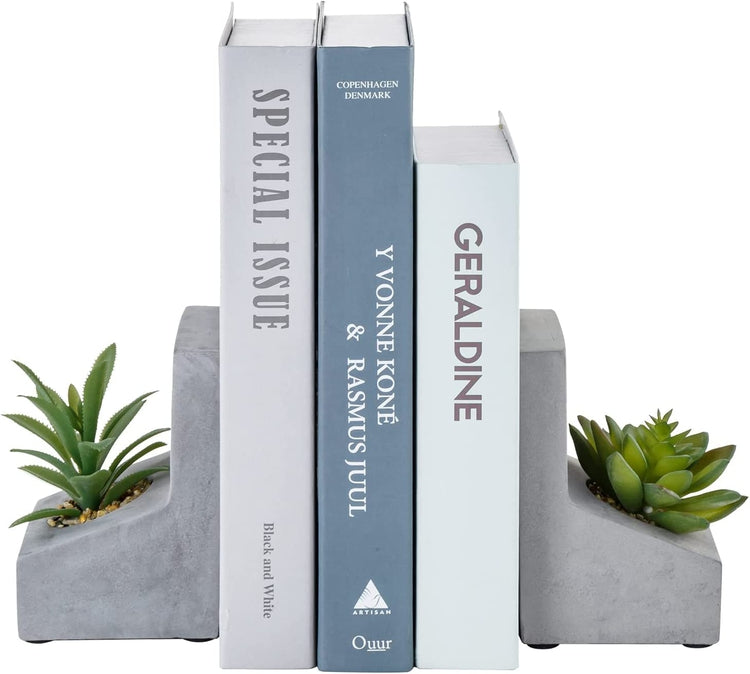 L-Shaped Concrete Bookends with Artificial Succulent Plants, Desktop Heavy Duty Book Stands-MyGift