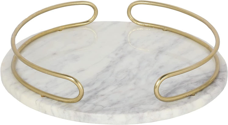 Round White Marble Serving Tray with Brass Metal Handles, Appetizer Dessert Tray, Vanity Jewelry, Makeup, Perfume Tray-MyGift