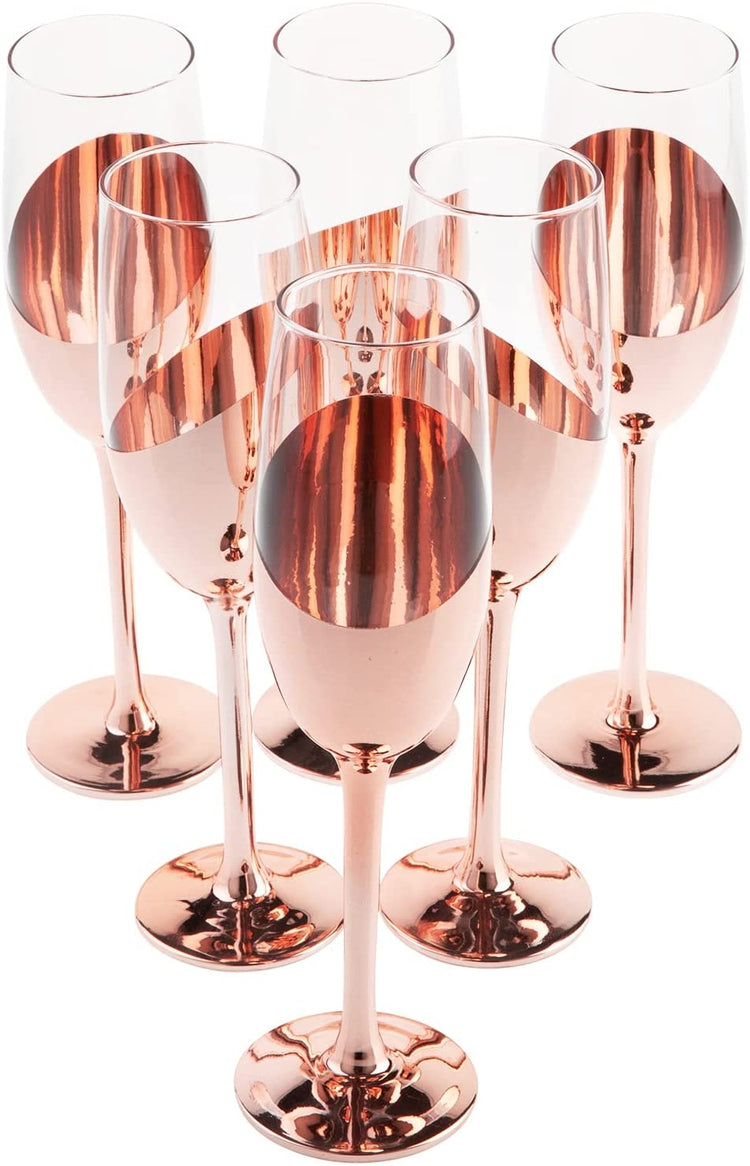 Set of 6, Stemmed Champagne Flute Glasses in Rose Gold-Tone Finish-MyGift