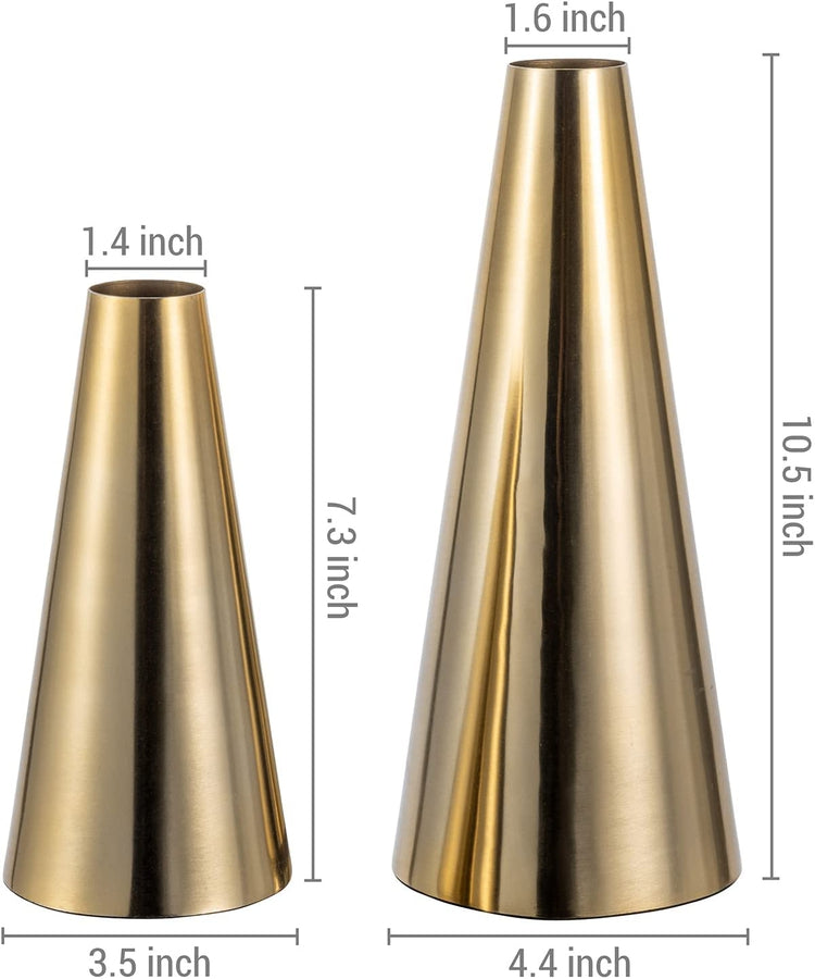 7 and 10.5 Inch Brass Tone Metal Tapered Flower Vases, Tabletop Centerpiece for Floral Arrangements-MyGift