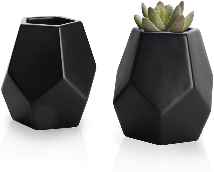 Set of 2, Matte Black Ceramic Geometric Flower Vases-MyGift