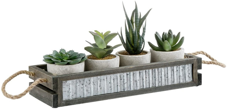 Artificial Plant Set, Mini Assorted Faux Succulents in Concrete Planters and Gray Wood Display Box with Galvanized Metal-MyGift