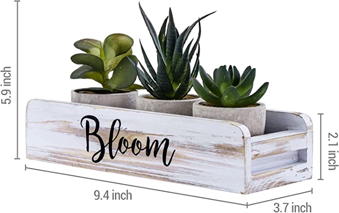 Artificial Succulent Plants in Concrete Gray Planter Pots with Whitewashed Wood Box-MyGift