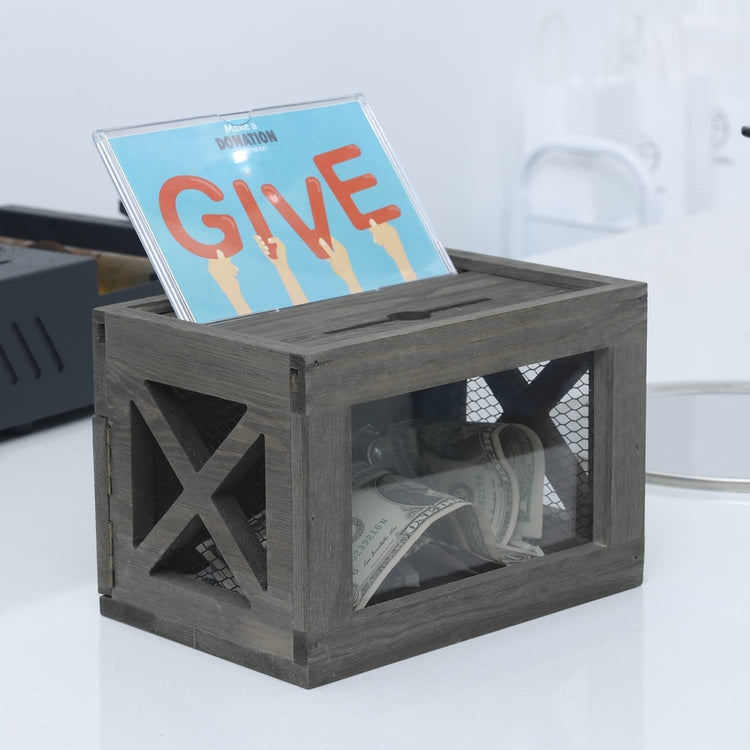 Gray Wood Barnhouse Tip Box, Donation Collector with Chalkboard and Acrylic Display Signs-MyGift