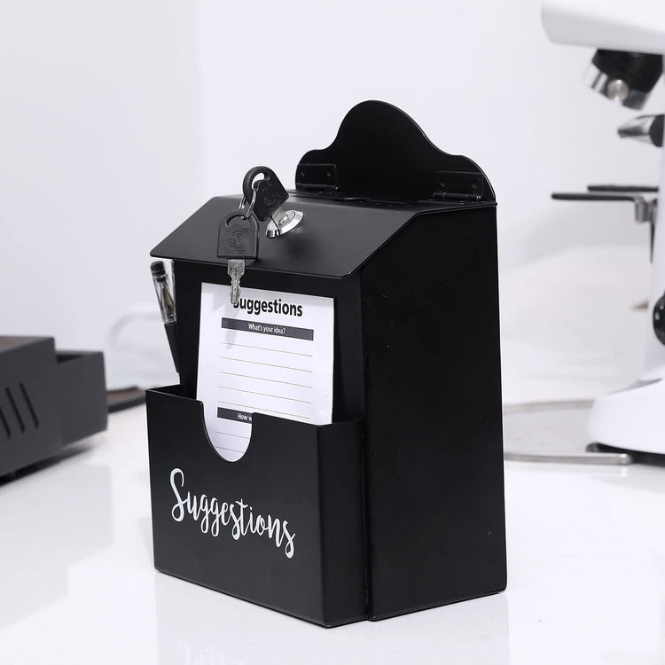 Metal Suggestion Box, Matte Black Wall Mounted or Tabletop Comment Box with Lock, Keys, Paper Sheet and Pen Holder Slots-MyGift