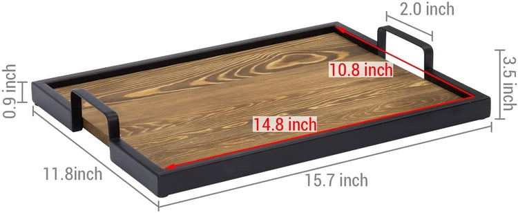 Burnt Wood Appetizer Serving Tray with Handles and Industrial Black Metal Frame-MyGift