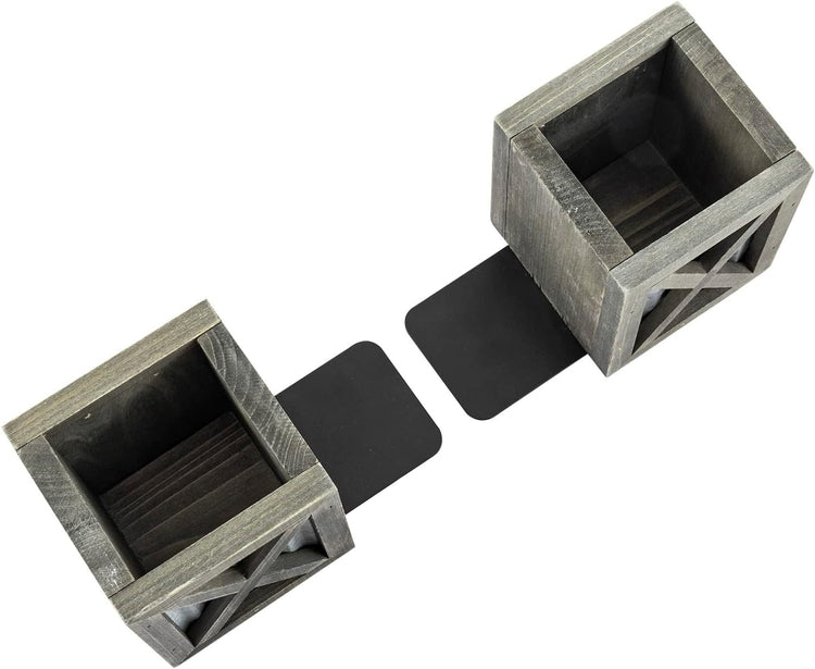 Gray Wood and Corrugated Galvanized Metal Bookends, Desktop Book Ends with Pen Holder Pencil Cup Stationery Storage Bins-MyGift