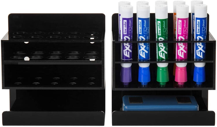 Set of 2, 2-Tier Black Acrylic Wall Mounted 10 Slot Dry Erase Whiteboard Marker and Eraser Holder-MyGift