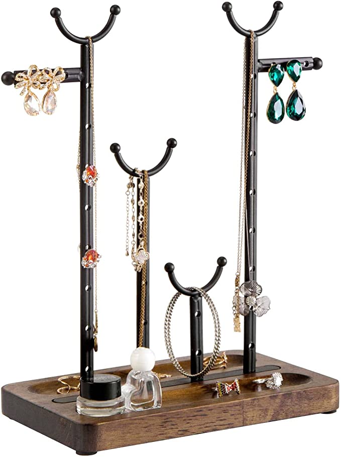 Dark Brown Coffee Tone Jewelry Organizer Stand, Metal Necklace Hanger and Earring Storage with Wooden Ring Tray Base-MyGift