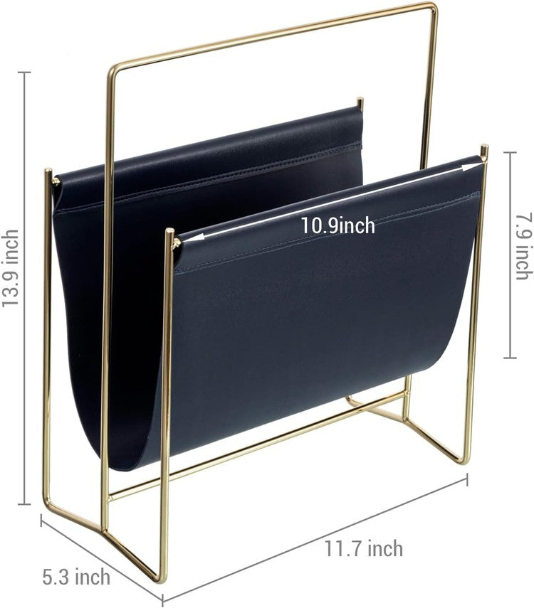 Navy Blue and Brass Metal Standing Magazine Rack, Decorative Holder Stand for Magazines-MyGift