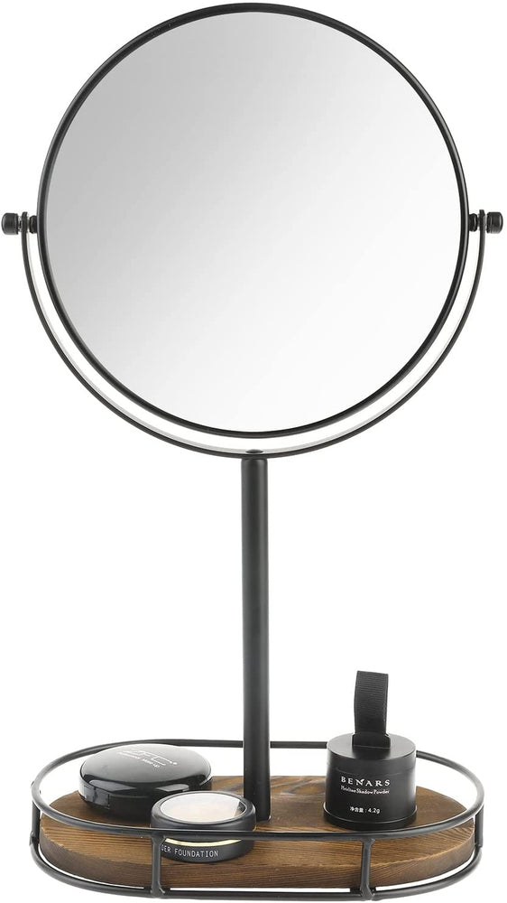 Burnt Wood and Industrial Black Metal Round, Double Sided Tabletop Makeup Vanity Mirror, 1X/3X Magnification with Tray-MyGift