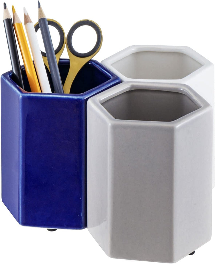 Set of 3, Hexagonal Multi-Colored Ceramic Desktop Pencil, Stationery Holders (White, Gray, Blue)-MyGift