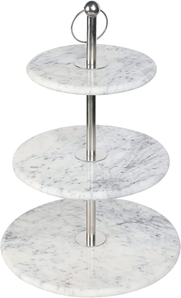 3 Tier Round Natural White Marble with Silver Tone Metal Cupcake Holder Dessert Server Commercial Display Riser Stand-MyGift