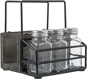 Vintage Gray Wood and Black Metal Napkin Holder and Spice Rack w/ 3 Glass Shakers-MyGift
