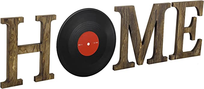Dark Burnt Wood Wall Mounted Home Letter Sign with Vinyl Record Design-MyGift