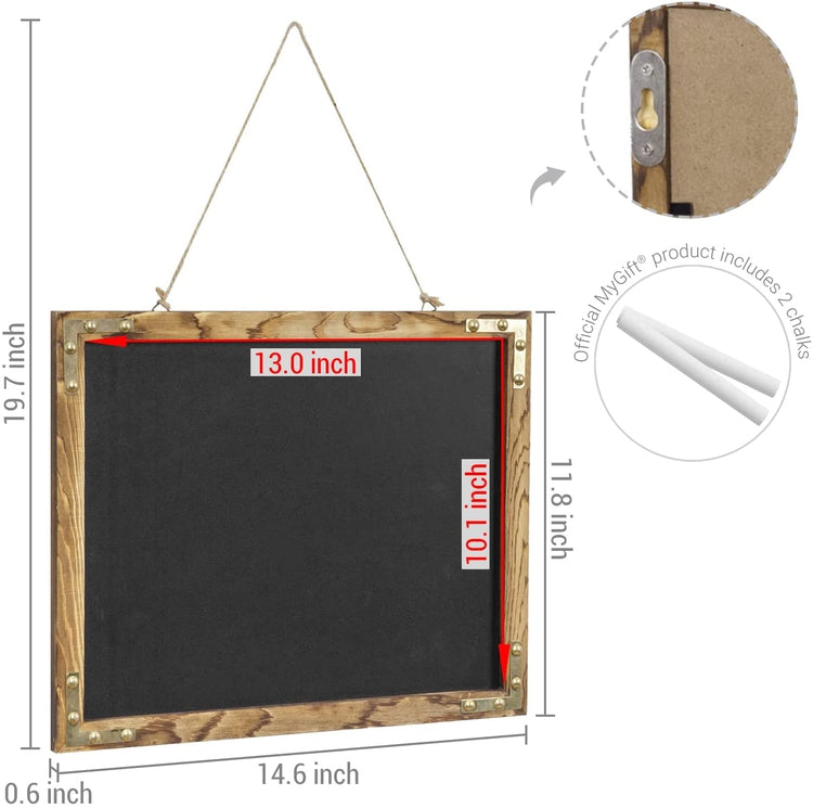 Wall Mounted Burnt Wood Framed Chalkboard with Hanging Rope, Decorative Chalk Message Board with Metal Corner Brackets-MyGift