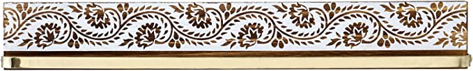Wall Mounted Brass Tone Metal and Burnt Wood Sunglasses Holder with White Floral Pattern-MyGift