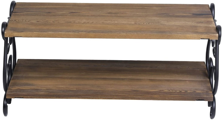 2 Tiered Shoe Rack, Vintage Metal Scrollwork and Burnt Wood Shoe Bench Shelves-MyGift
