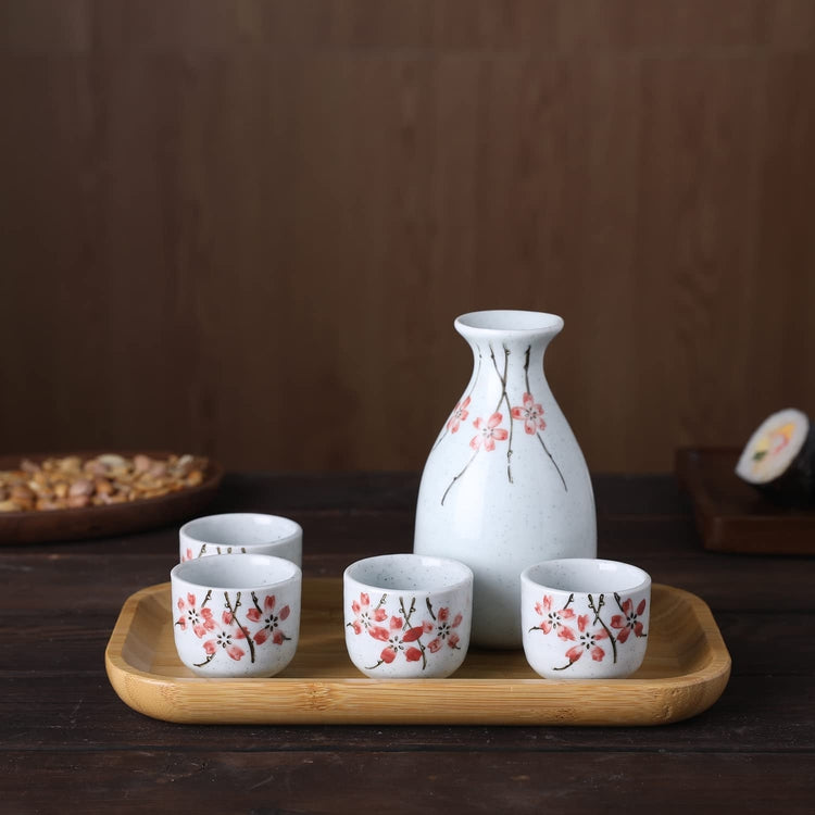 Ceramic Japanese Sake Set, White Glaze and Pink Cherry Blossom Design, Carafe, 4 Shot Glasses and Bamboo Serving Tray-MyGift