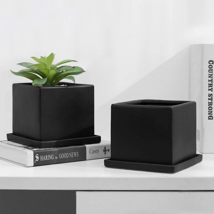 Matte Black Ceramic Square Planters with Removable Saucers, Set of 2