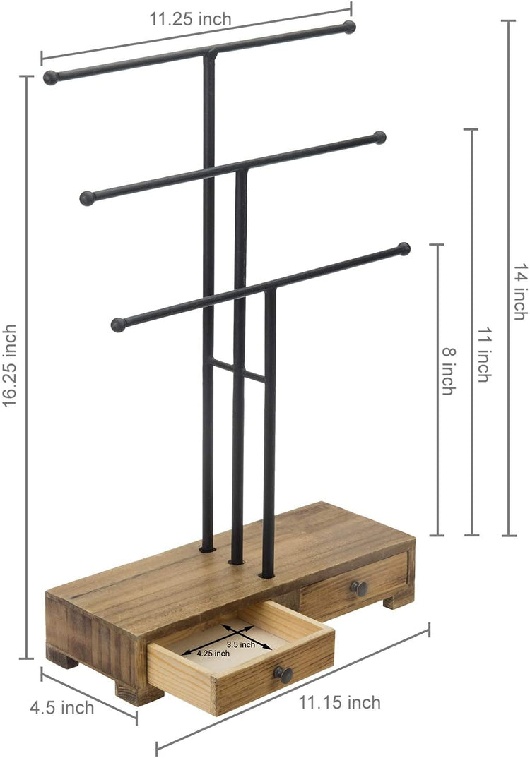 Black Metal T-Bar Jewelry Display Stand w/ Wooden Base & Ring Drawers-MyGift