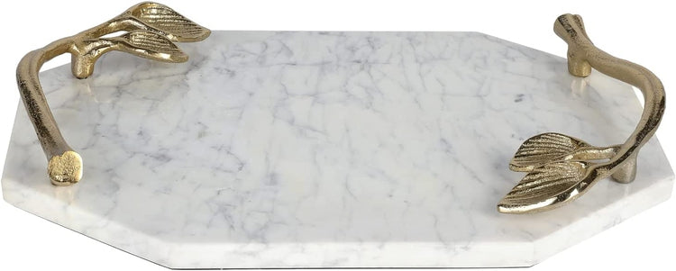White Marble Tray with Brass Tone Leaf Shaped Handles, Elegant Decorative Tray Home Decoration-MyGift