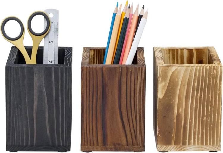 Set of 3, Desktop Pencil Cup Holder, Square Solid Wood Stationery Supply Pen Cup, Mixed Colors Light Brown, Brown, Black-MyGift